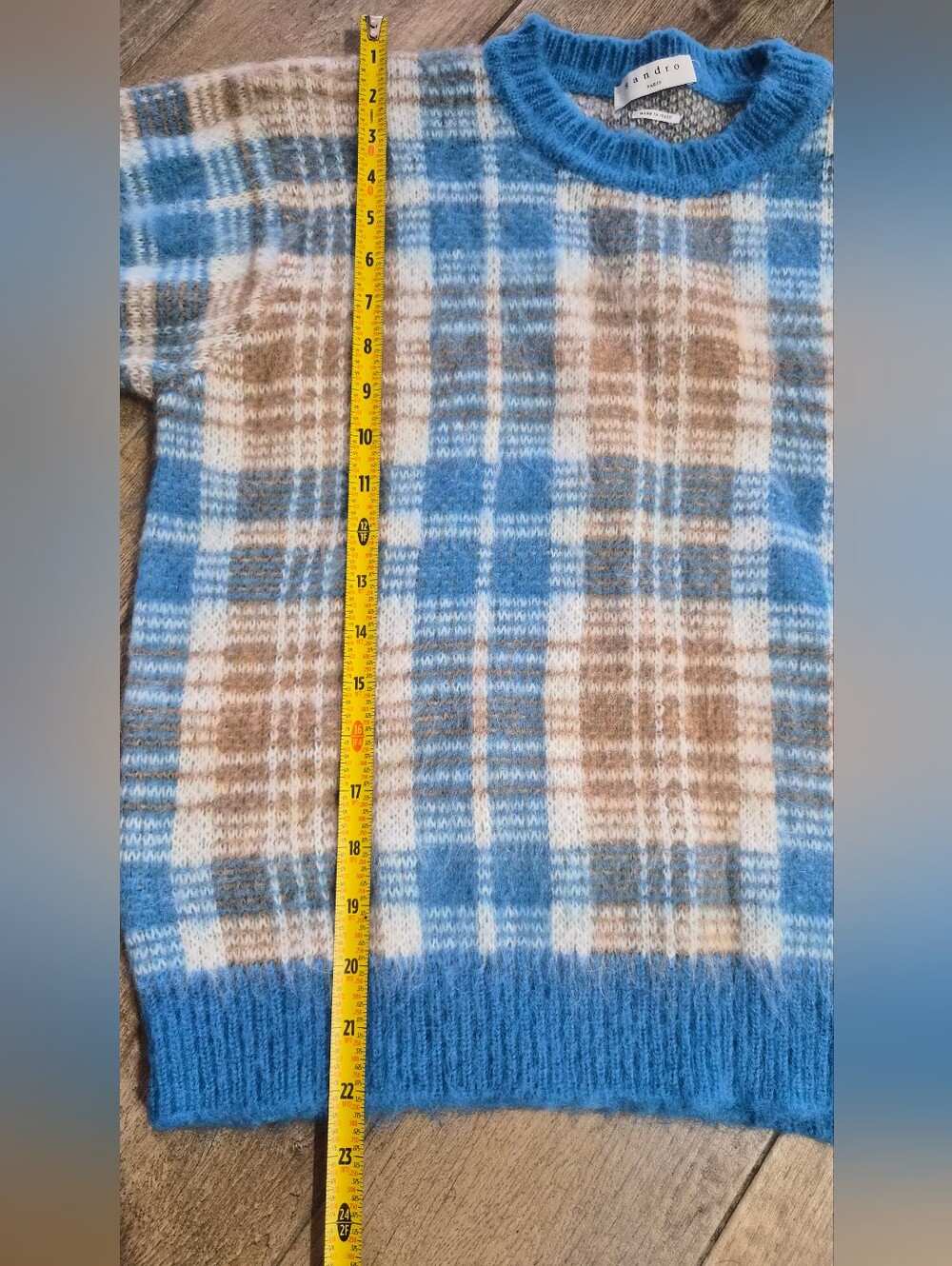 Sandro Womens Poesa Blue Plaid Mohair Blend Crewneck Sweater Size 1 - Picture 9 of 10